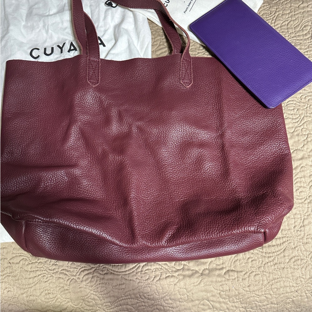 Cuyana red burgundy Pebble Leather Shoulder Tote Bag Large with wallet